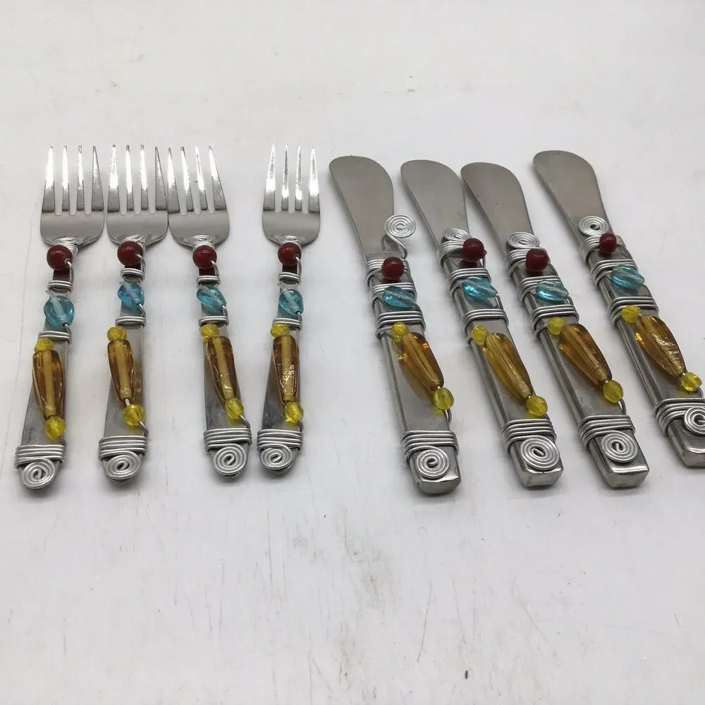 Vtg Beaded Wire Wrapped  Appetizer Cheese Fork Knife Spreaders Set Of 8 India